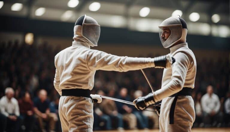 Two fencers face each other on a strip, swords raised. The audience watches intently as the fencers prepare for their first bout