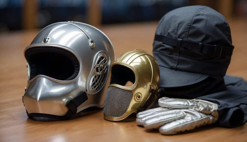 Fencing gear laid out on a table: mask, jacket, glove, and foil. Beginners' equipment for protection and practice