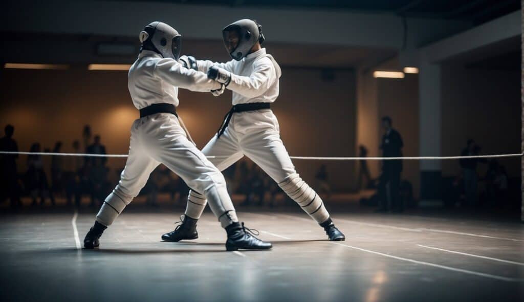 Two fencers in a sparring stance, one lunging forward while the other parries with precise footwork and controlled movements