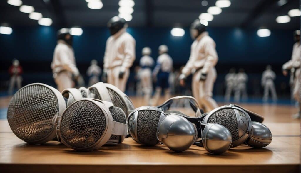 Fencing rules and beginner's competition preparation: Equipment laid out, masks hanging, swords on display, and a coach giving instructions