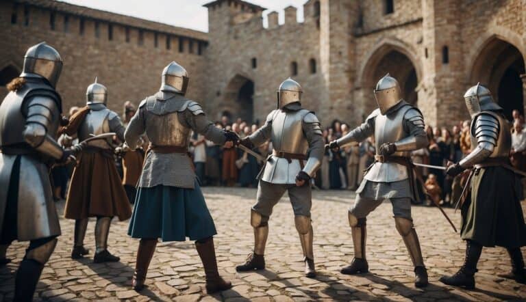 Fencing history: medieval knights duel in a castle courtyard. Swords clash as onlookers cheer