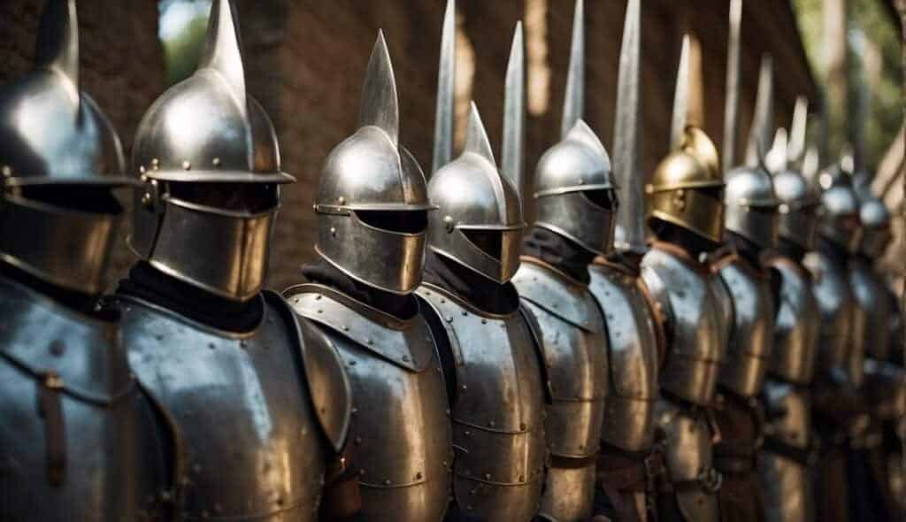 Medieval weapons and armor displayed in a historical fencing setting