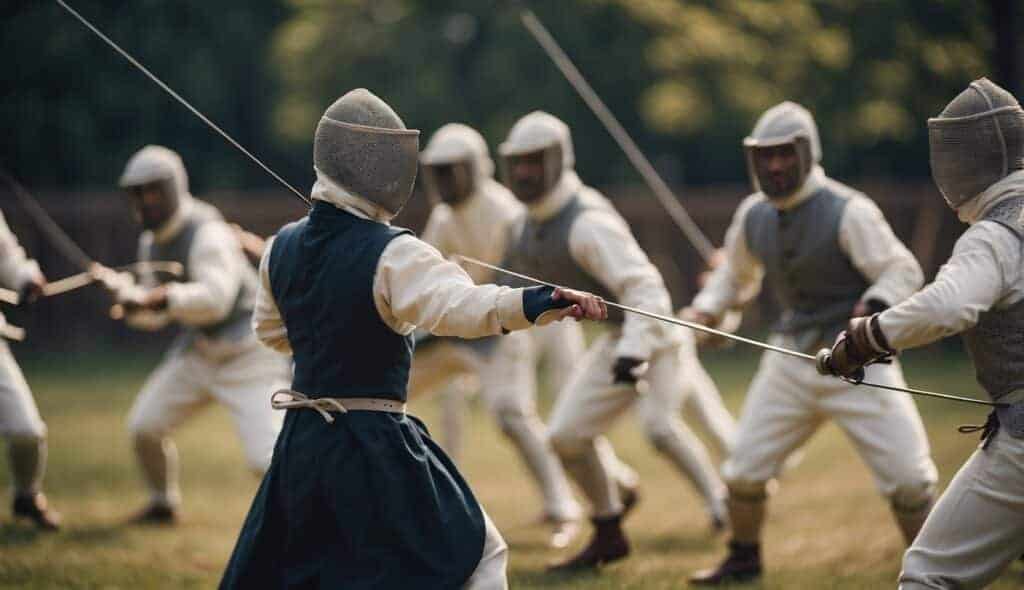 A group of fencers in historical attire practicing various techniques and following the rules of historical fencing