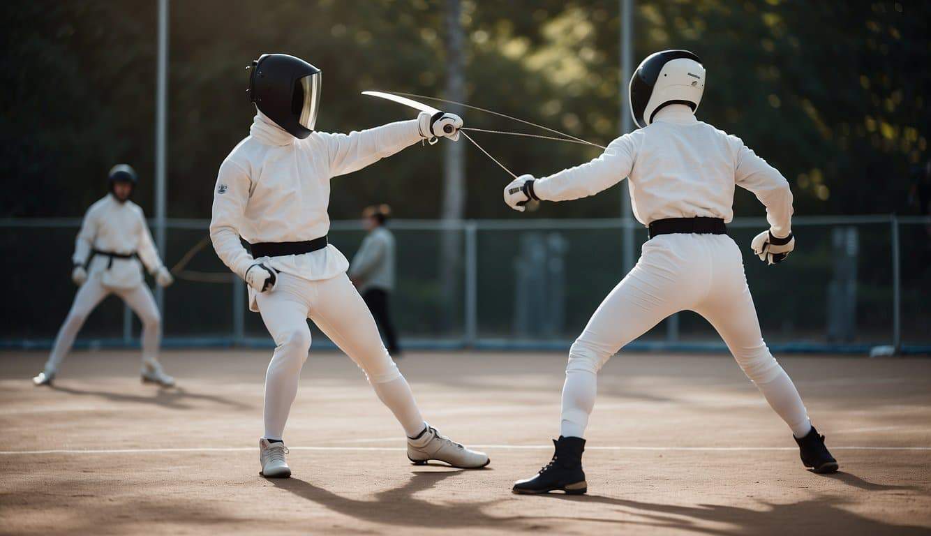 Fencers practicing footwork and lunges on a fencing piste with coach supervising. Swords and protective gear visible