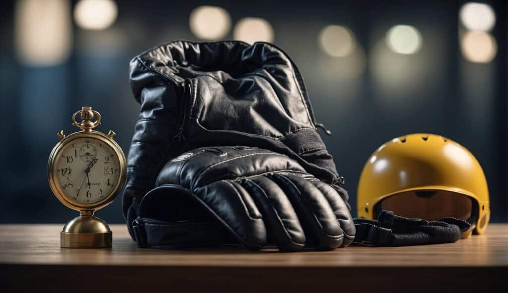 A table with fencing gear: mask, jacket, glove, and foil. A coach's whistle and stopwatch. A training plan and water bottle nearby