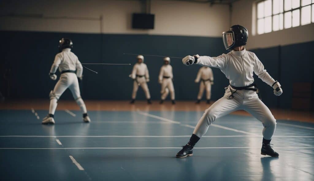 Fencer practicing footwork and basic techniques in a training routine