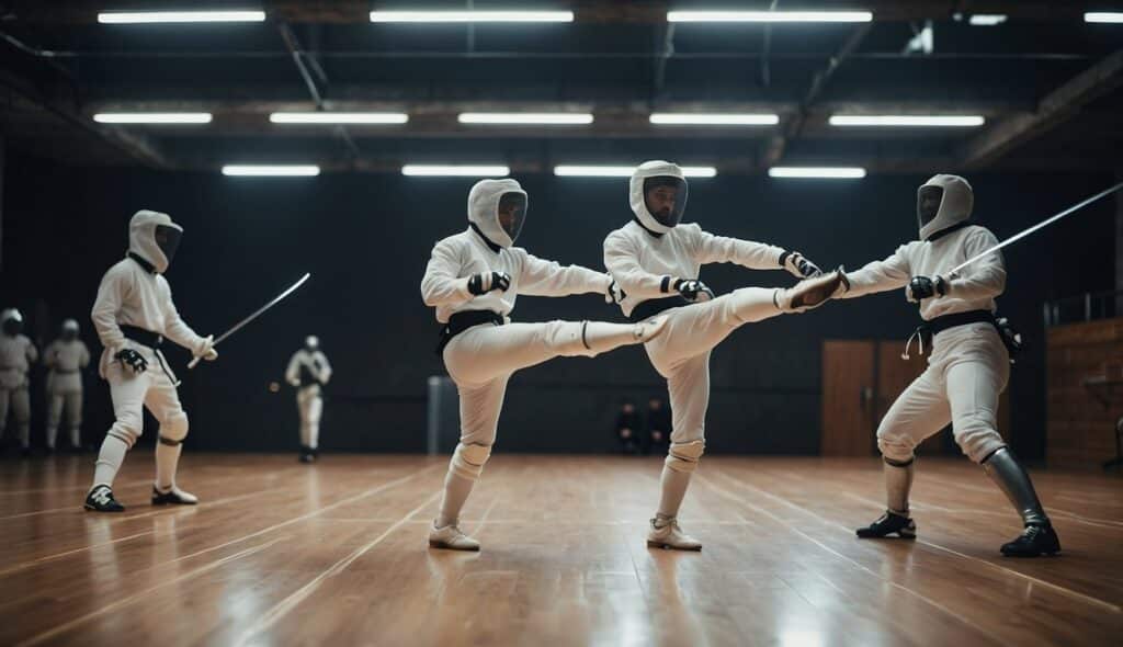 Fencers practicing footwork and parrying drills in a well-lit training salle with swords and protective gear