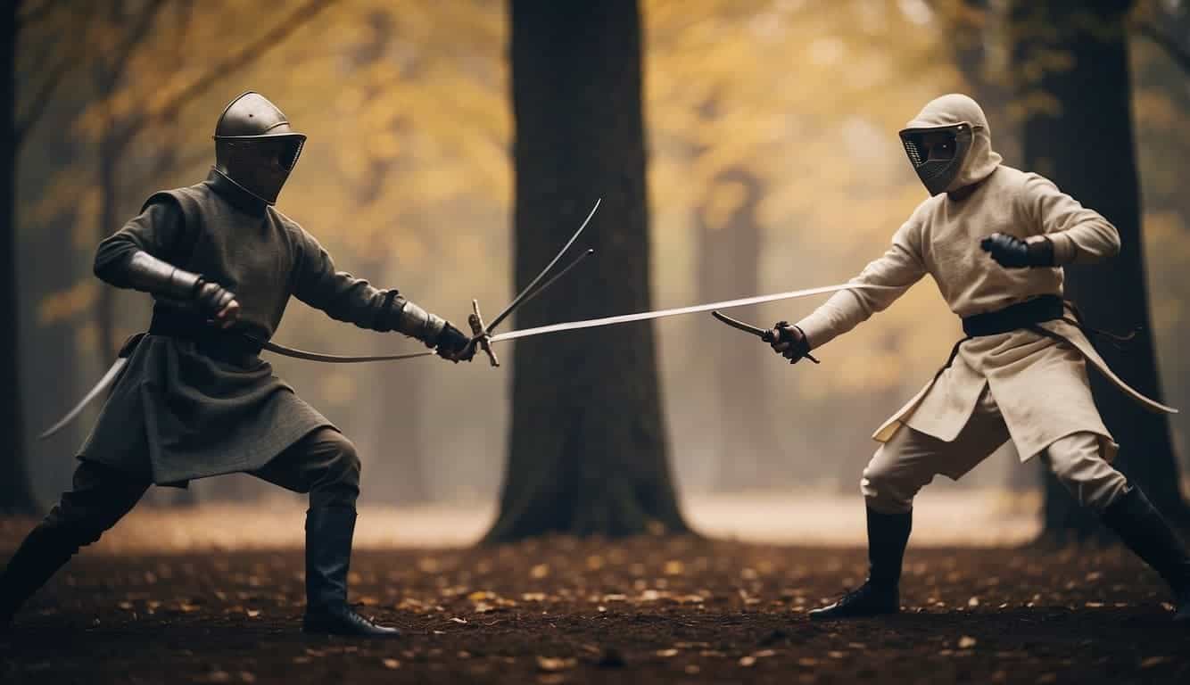 Two fencers face off in a historic duel, their swords clashing in a dramatic and intense battle