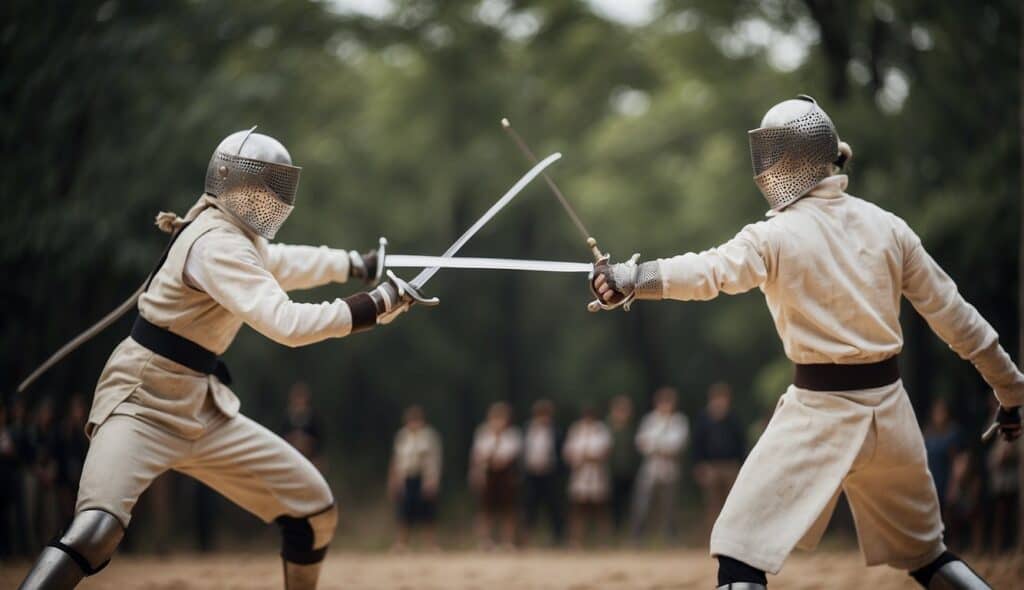 Two fencers engage in a fierce duel, their swords clashing in a display of skill and precision. The historical significance of famous duels is evident in the intensity of their combat