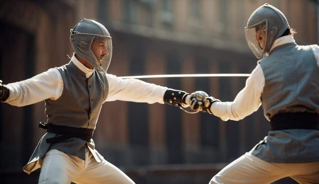 Two famous fencers face off in a historic duel, their swords clashing in a dramatic display of skill and determination