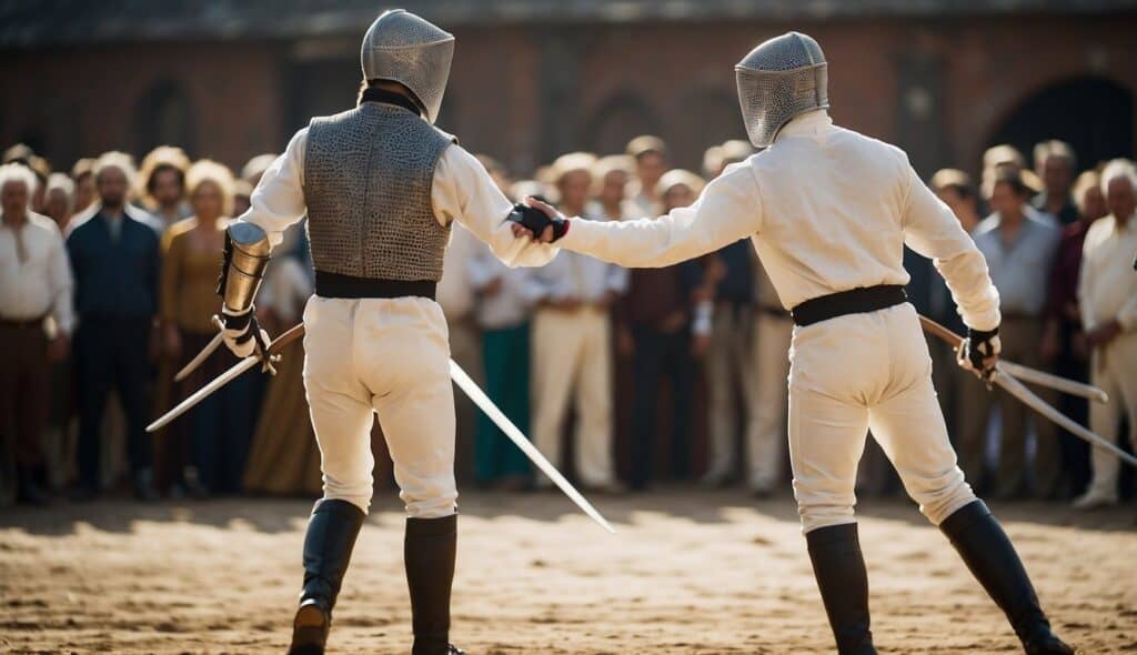 Two fencers face each other, swords raised, surrounded by a crowd. The tension in the air is palpable as they prepare for a historic duel