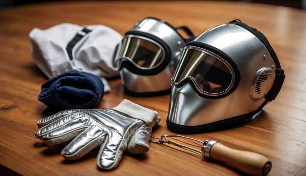 A beginner's fencing gear laid out on a wooden table with a foil, mask, glove, and protective jacket