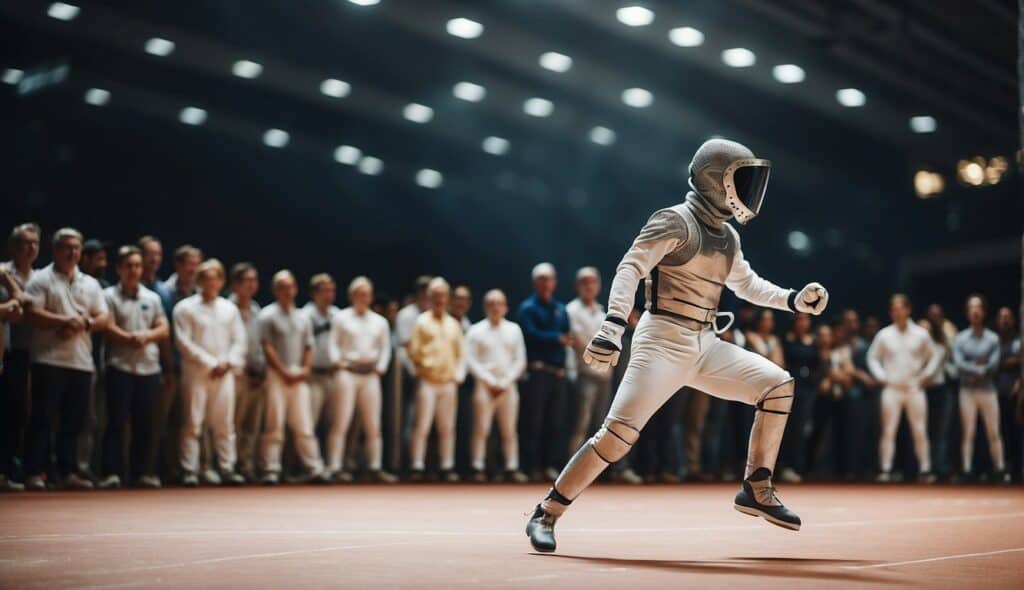 A fencer in full gear, mask and foil in hand, walks towards a well-lit fencing piste, surrounded by eager spectators and fellow competitors