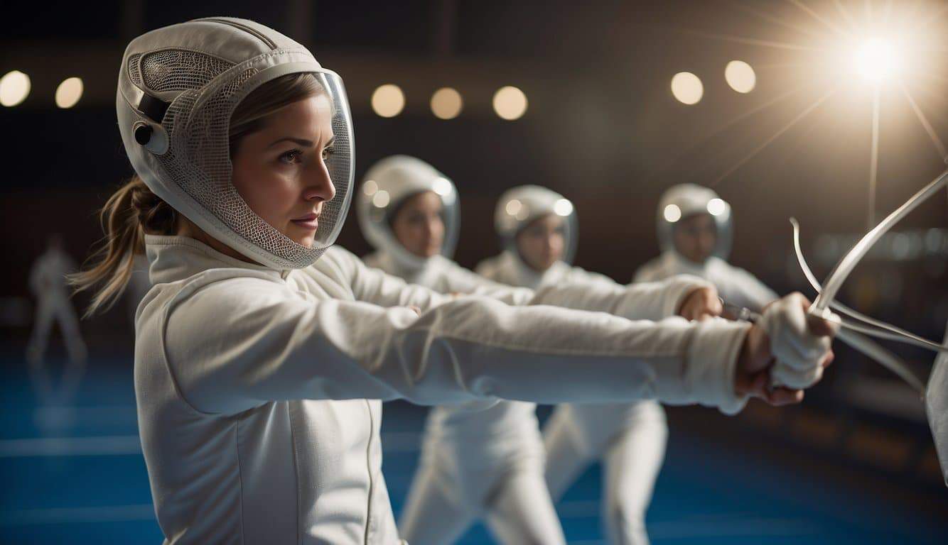 Women fencing in a brightly lit gymnasium, wearing protective gear and wielding their foils with precision and grace