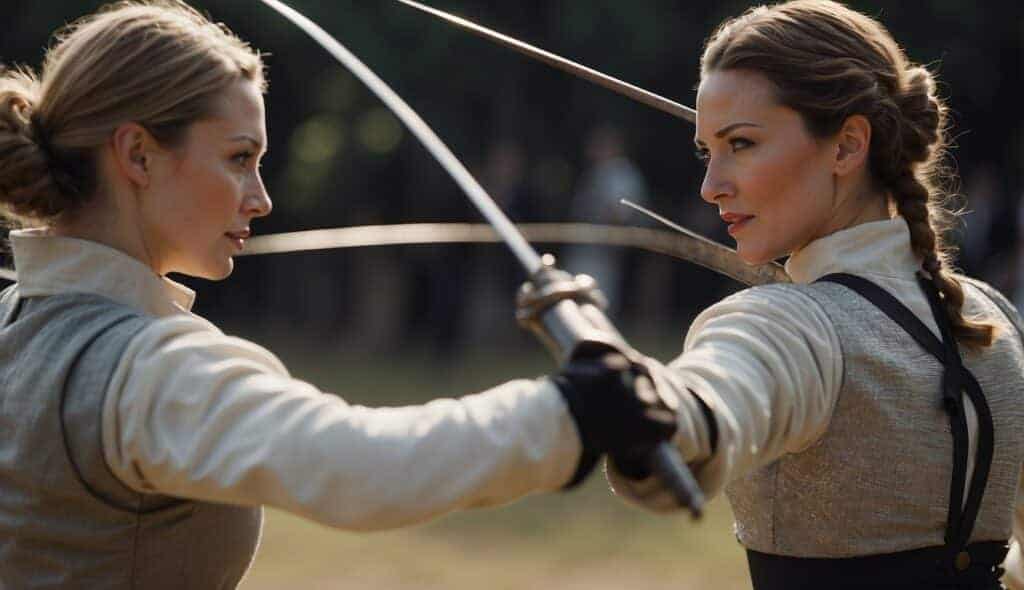 Two female fencers engage in a historical fencing duel, wearing traditional attire and wielding rapiers in a dramatic and intense battle