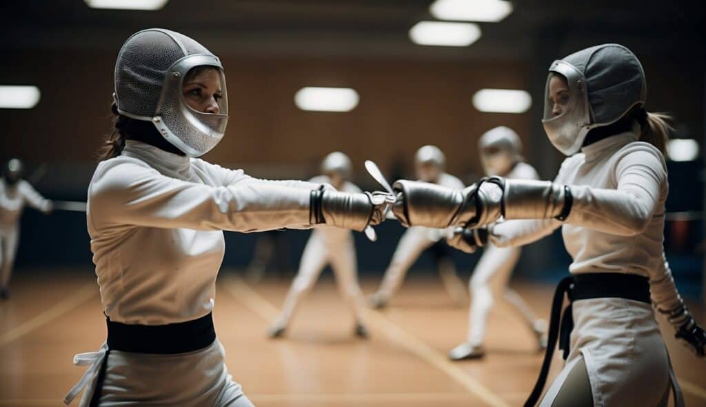 Women fencing in training and competition. Swords clash, masks on, intense focus