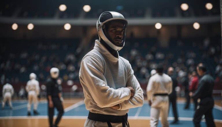 Fencer mentally prepares, visualizing movements and strategies before a match