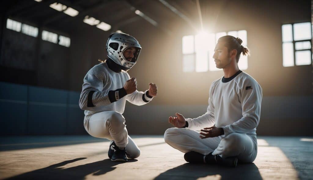 An athlete visualizes success, meditates, and uses positive affirmations to mentally prepare for fencing