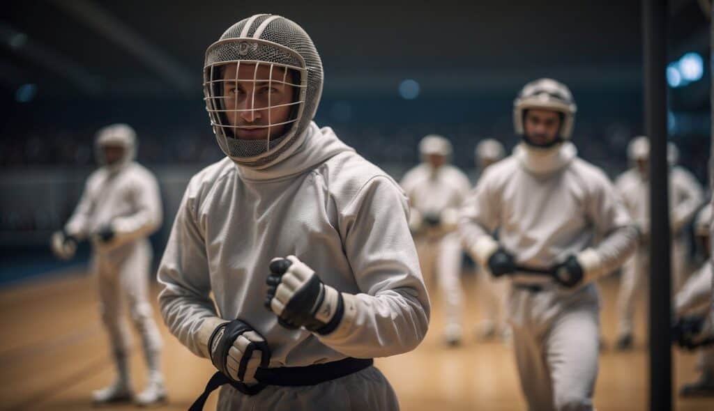 The fencer mentally prepares, focusing on physical and psychological factors