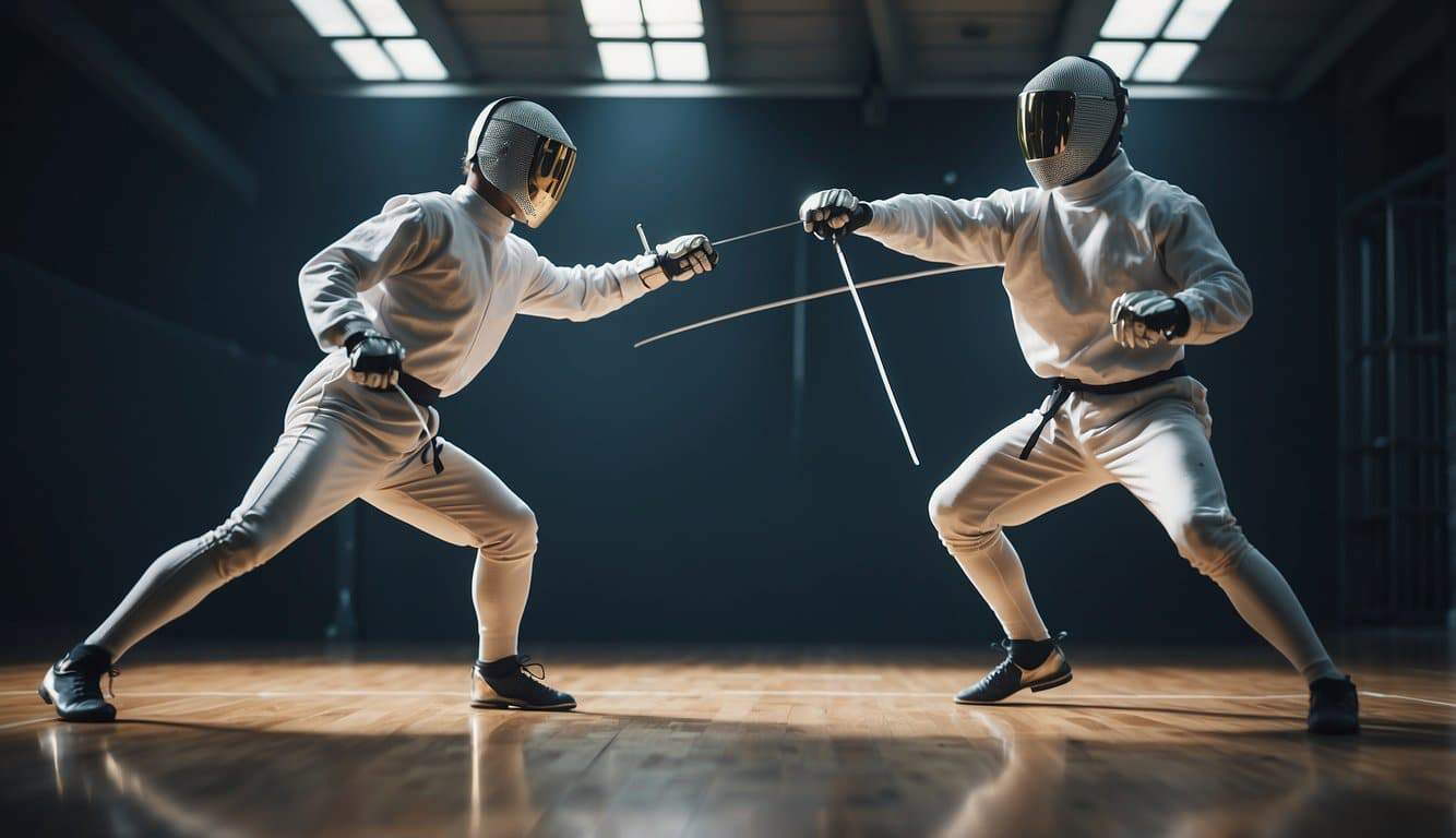 Two fencers in a training hall, practicing footwork and parrying with foils. Bright lighting and focused expressions