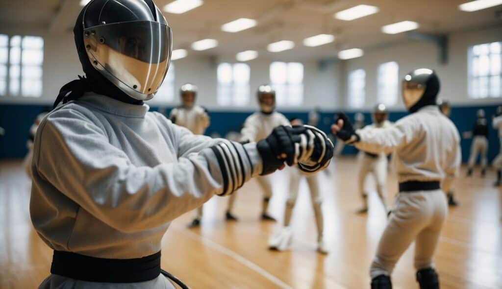 A group of young fencers practicing basic techniques in a well-lit training hall