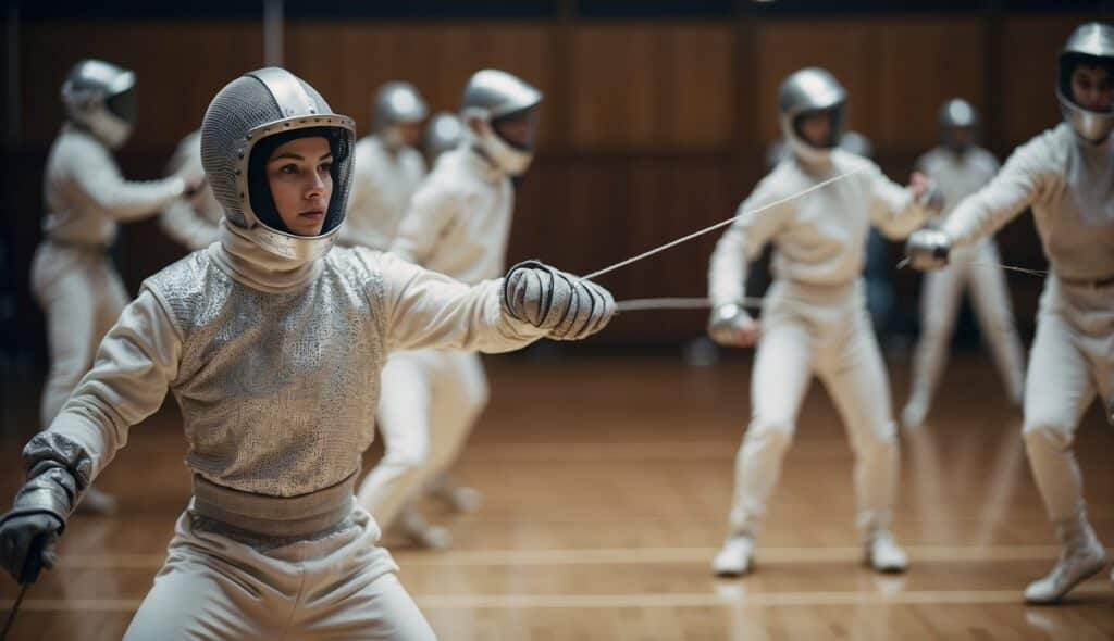 Fencing techniques and training, with young fencers practicing