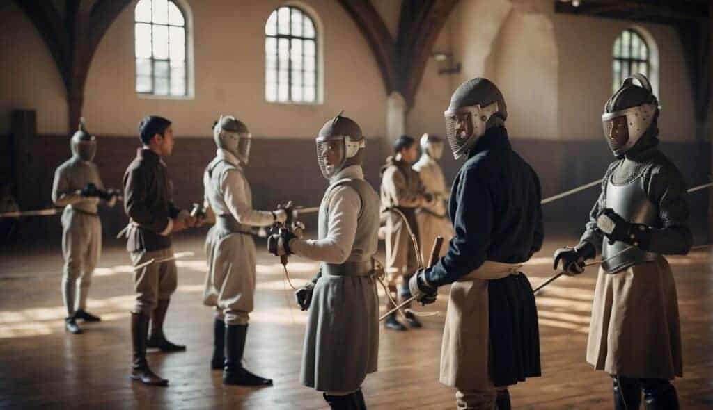 A group of young fencers gather in a cultural and community center, exchanging tips and techniques while surrounded by historical fencing equipment and traditional symbols