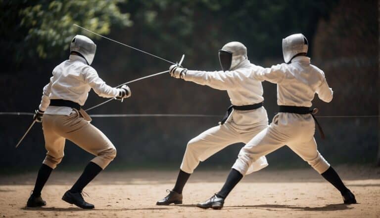 Two fencers engage in a fast-paced duel, their blades clashing in a flurry of movement and precision. The tension of the fight is palpable as they circle each other, ready to strike