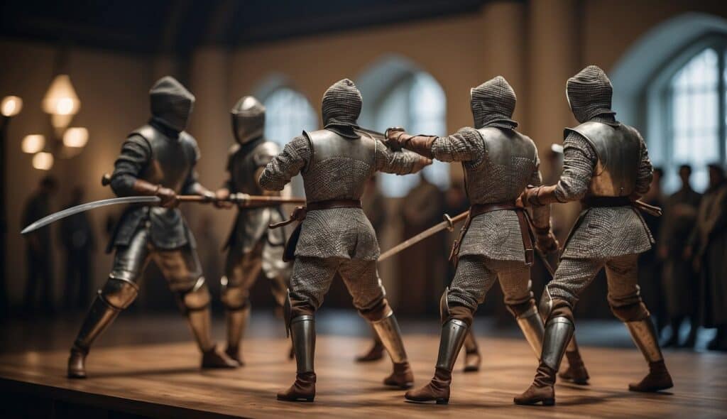 A historical fencing scene with various styles and weapons displayed in a museum setting