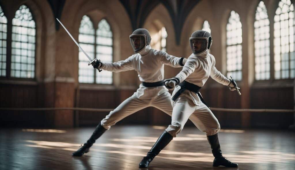 Two fencers in a dynamic duel, demonstrating various fechtstile techniques with precise footwork and fluid sword movements