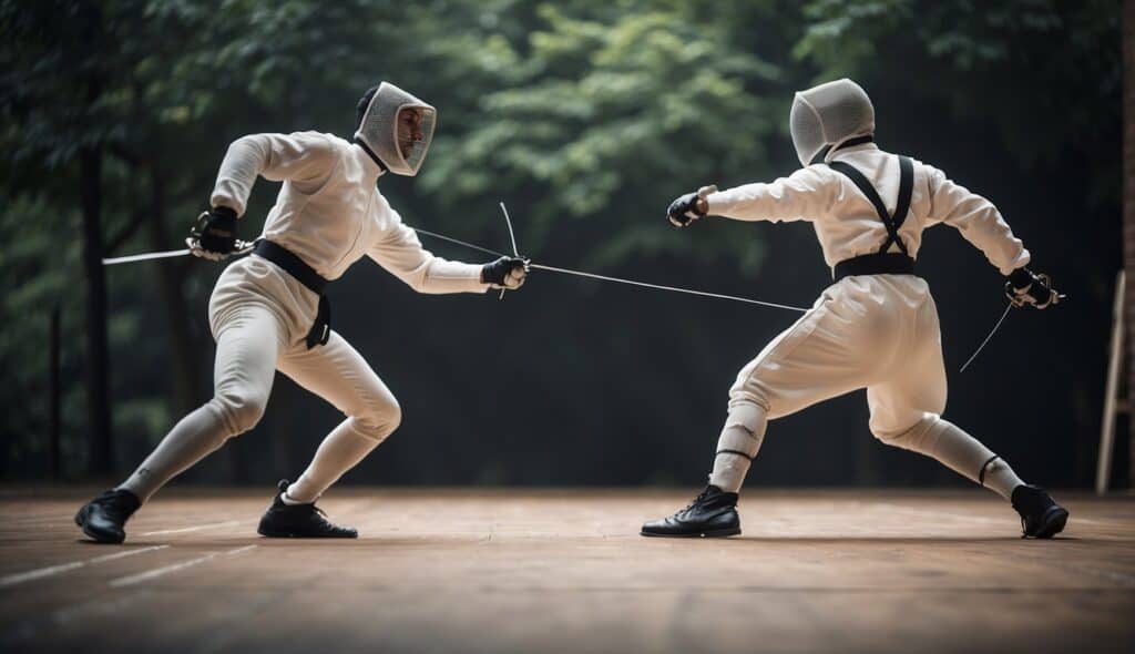 Two fencers engage in a dynamic duel, showcasing different Fechtstile techniques with precision and agility