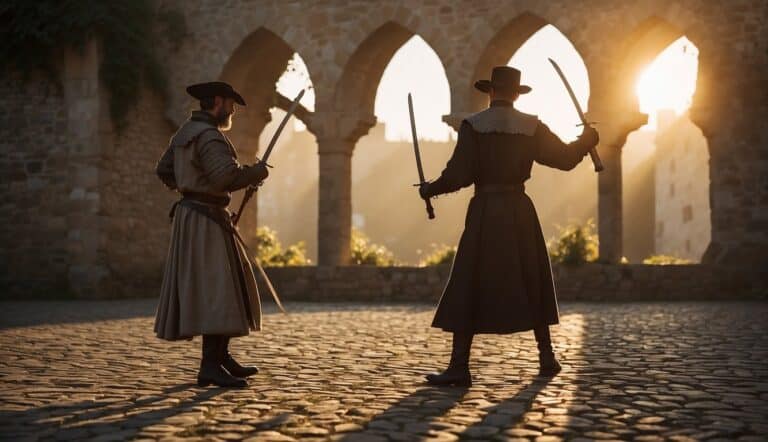 Two fencers in traditional German attire duel with rapiers in a medieval courtyard. The sun sets behind the old stone walls, casting long shadows across the cobblestone ground