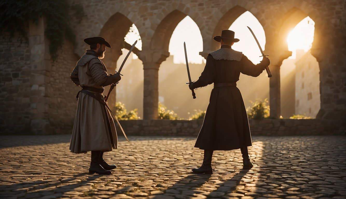 Two fencers in traditional German attire duel with rapiers in a medieval courtyard. The sun sets behind the old stone walls, casting long shadows across the cobblestone ground