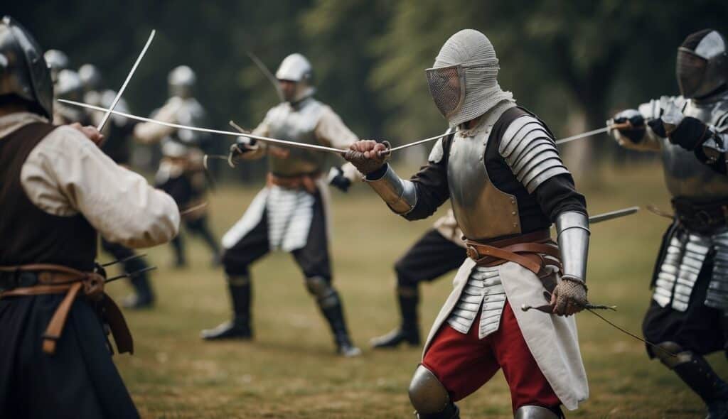 A historical German fencing scene with swords, shields, and traditional attire