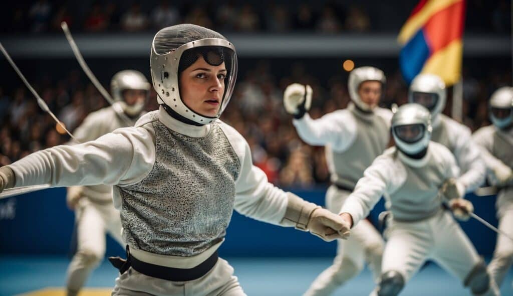 Fencing competitions in Germany, with athletes in action, surrounded by flags and cheering spectators