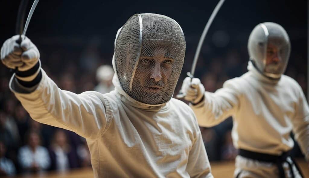 Fencing basics and techniques in Germany. Two fencers in en garde position, facing each other with swords raised. Audience watching in the background