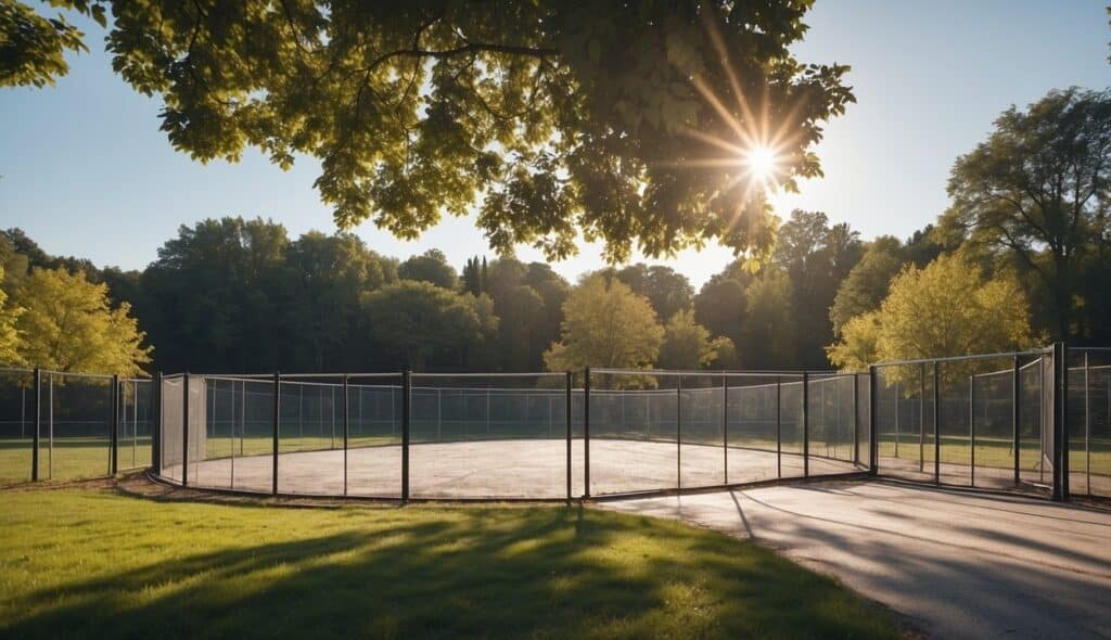 A fencing arena with eco-friendly materials, recycling bins, and energy-efficient lighting, surrounded by trees and greenery