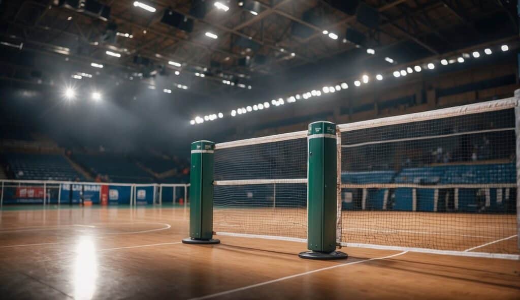 A fencing arena with reusable equipment, recycling bins, and energy-efficient lighting, promoting sustainability in the sport