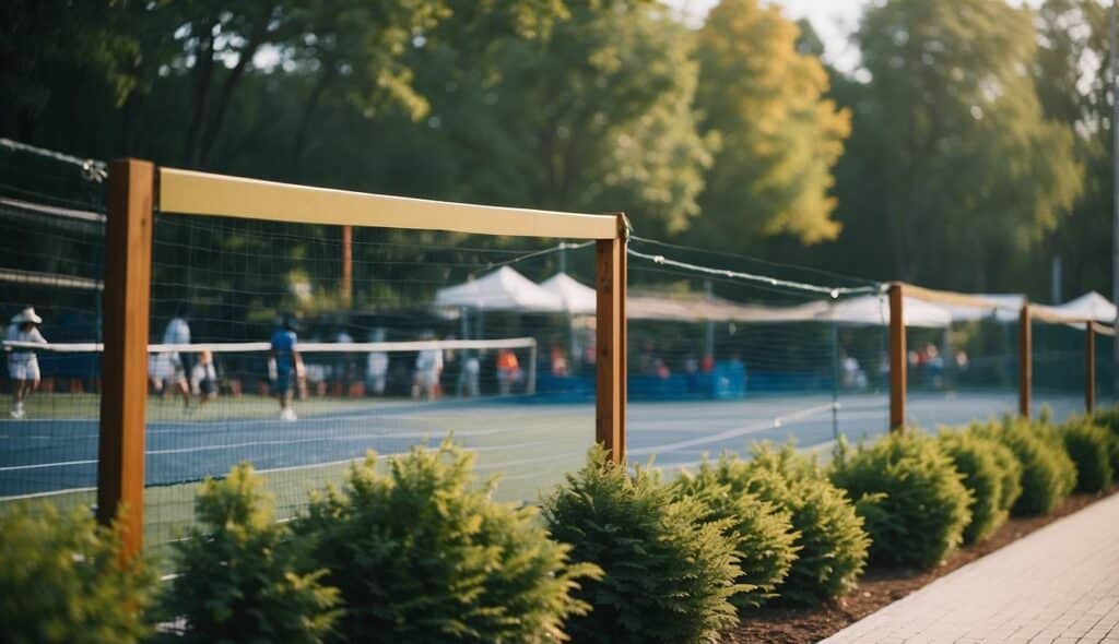 A sustainable sports event with fencing equipment, reusable materials, and eco-friendly signage