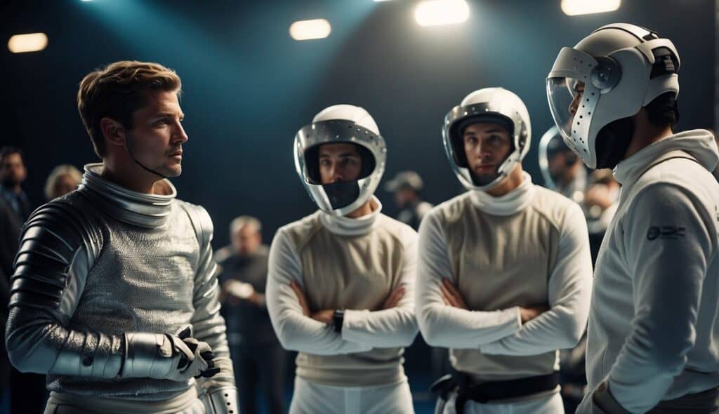 A group of fencers engage in a lively discussion about sustainability in the sport, surrounded by fencing equipment and posters promoting eco-friendly practices